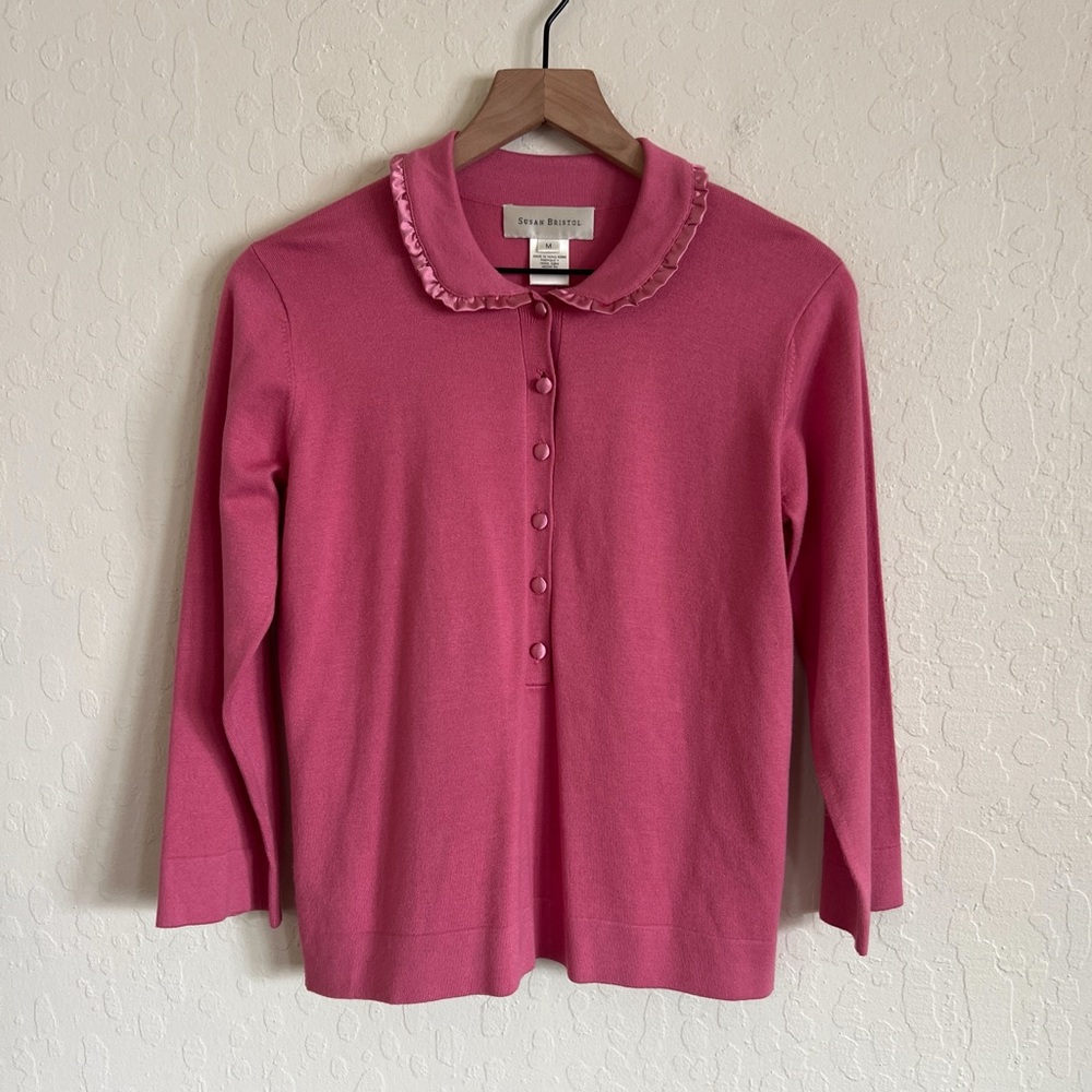 Vintage 90s Susan Bristol Peter Pan Collar Button Front Sweater Medium Pink